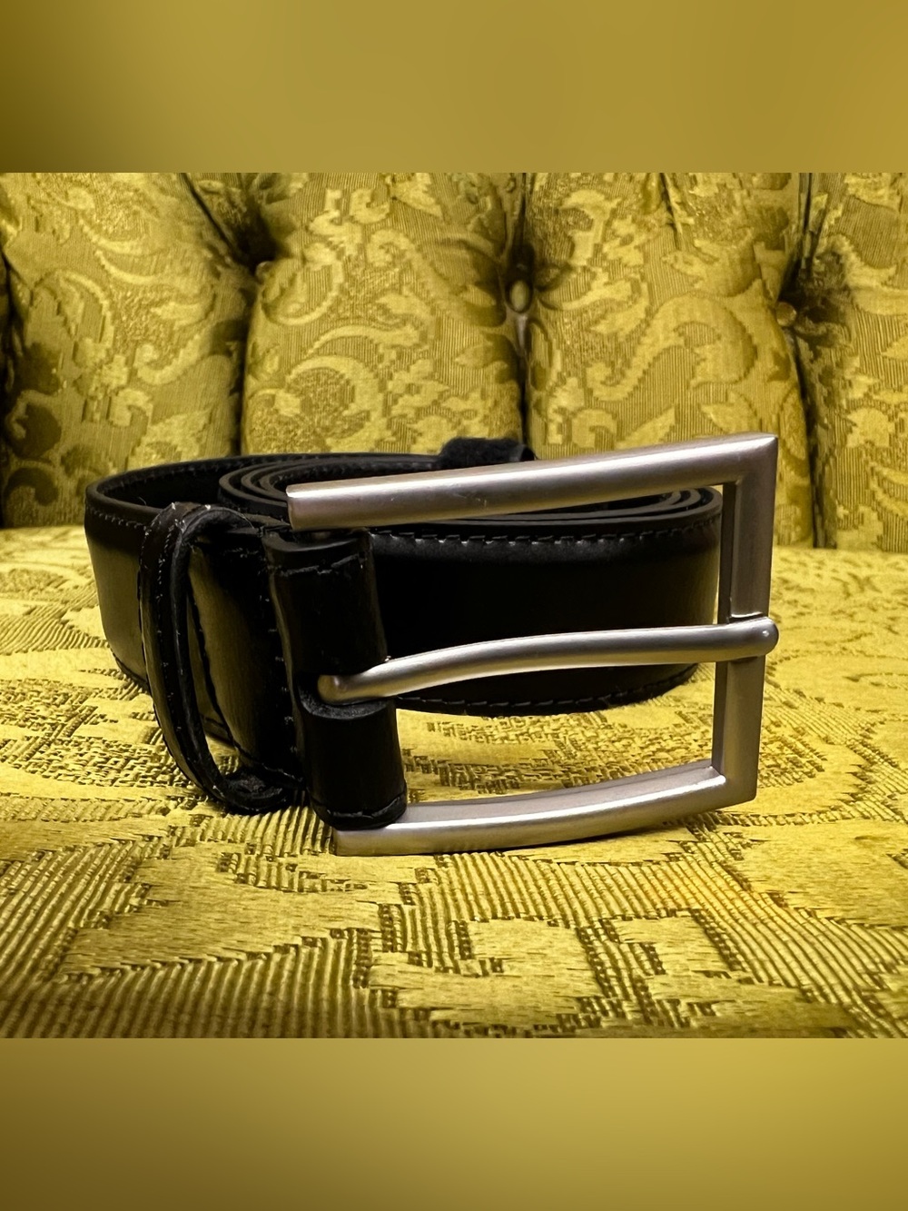 Men's Classic Black Leather Belt Aldi with Brushed Silver Buckle Sz L
